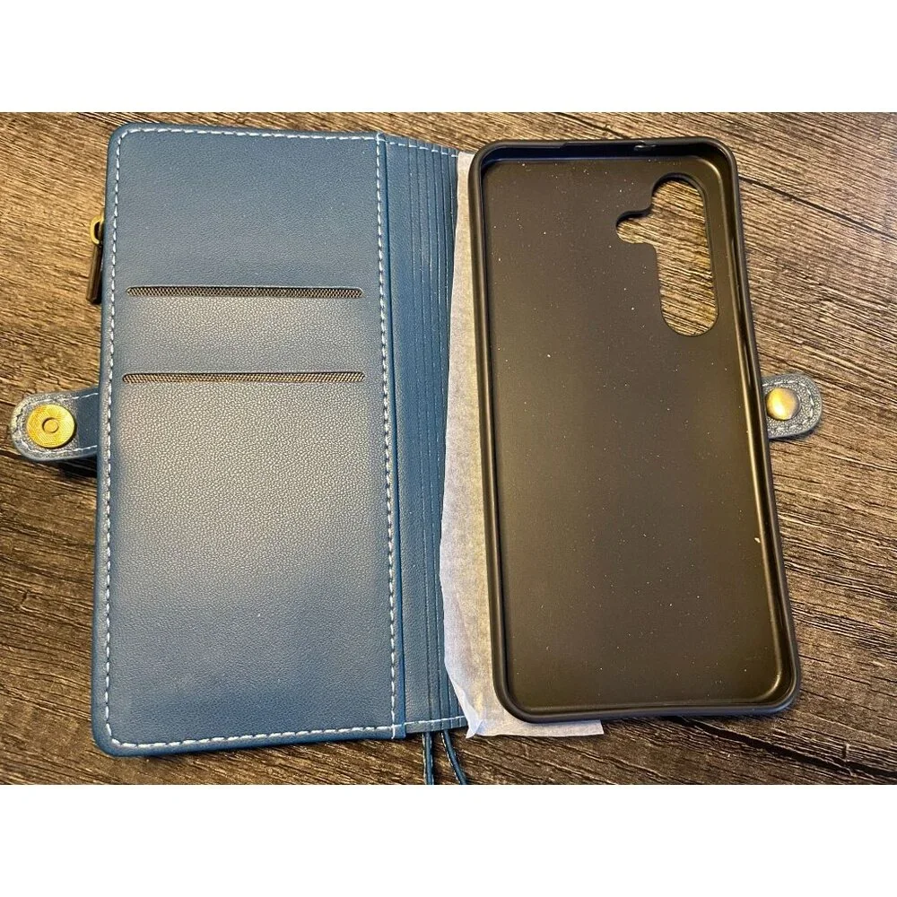 Wallet Case for Samsung Galaxy S24: RFID Blocking, Zipper & Wrist Strap - Blue
